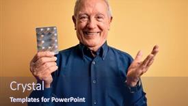  Presentation with pharmaceutical - Cool new slides with senior-grey-haired-man-holding backdrop and a navy blue colored foreground