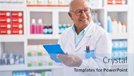  Presentation with pharmacy - Presentation theme featuring senior-grey-haired-man-pharmacist background and a light blue colored foreground