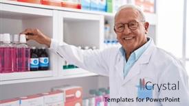  Presentation with pharmacy - Theme featuring senior-grey-haired-man-pharmacist background and a light gray colored foreground