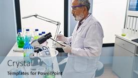  Presentation with writing - Presentation theme consisting of senior-grey-haired-man-scientist background and a light blue colored foreground