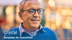  Presentation with grey - Audience pleasing PPT theme consisting of senior-grey-haired-man-smiling backdrop and a ocean colored foreground