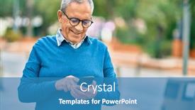  Presentation with grey - Slide deck consisting of senior-grey-haired-man-smiling background and a teal colored foreground