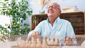  Presentation with confident - Slide deck with senior-grey-haired-man-smiling background and a coral colored foreground