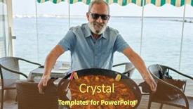  Presentation with seafood paella - Theme consisting of senior-grey-haired-man-smiling background and a tawny brown colored foreground