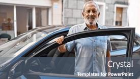  Presentation with car door - Presentation theme featuring senior-grey-haired-man-smiling background and a ocean colored foreground