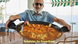  Presentation with seafood paella - PPT theme with senior-grey-haired-man-smiling background and a tawny brown colored foreground