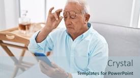  Presentation with smartphone - PPT theme enhanced with senior-grey-haired-man-using background and a light blue colored foreground