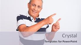  Presentation with polo - Slide deck consisting of senior grey-haired man wearing casual striped polo standing over isolated white background smiling and looking at the camera pointing with two hands and fingers to the side background and a lemonade colored foreground