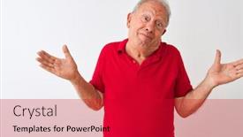  Presentation with red white grey - Amazing presentation having senior grey-haired man wearing red shirt standing over isolated white background clueless and confused expression with arms and hands raised doubt concept backdrop and a crimson colored foreground