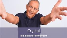  Presentation with grey black white - Slide set featuring senior grey-haired man wearing black casual polo standing over isolated white background looking at the camera smiling with open arms for hug cheerful expression embracing happiness background and a violet colored foreground