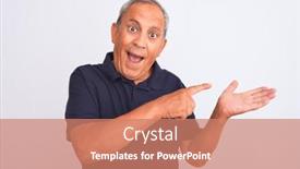  Presentation with grey black white - Cool new slide deck with senior grey-haired man wearing black casual polo standing over isolated white background amazed and smiling to the camera while presenting with hand and pointing with finger backdrop and a coral colored foreground