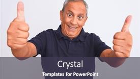  Presentation with grey black white - Presentation design consisting of senior grey-haired man wearing black casual polo standing over isolated white background approving doing positive gesture with hand thumbs up smiling and happy for success winner gesture background and a tawny brown colored foreground