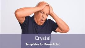  Presentation with grey black white - Colorful presentation design enhanced with senior grey-haired man wearing black casual polo standing over isolated white background suffering from headache desperate and stressed because pain and migraine hands on head backdrop and a violet colored foreground