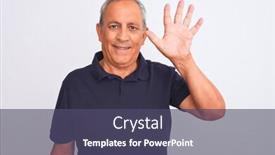  Presentation with grey black white - PPT layouts having senior grey-haired man wearing black casual polo standing over isolated white background showing and pointing up with fingers number five while smiling confident and happy background and a violet colored foreground