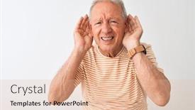  Presentation with hearing - Colorful presentation design enhanced with audiology - senior grey-haired man wearing striped backdrop and a lemonade colored foreground