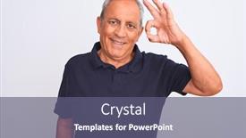  Presentation with grey black white - PPT theme with senior grey-haired man wearing black casual polo standing over isolated white background smiling positive doing ok sign with hand and fingers successful expression background and a ocean colored foreground