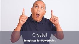  Presentation with grey black white - Audience pleasing presentation design consisting of senior grey-haired man wearing black casual polo standing over isolated white background amazed and surprised looking up and pointing with fingers and raised arms backdrop and a tawny brown colored foreground