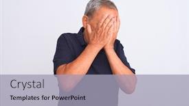  Presentation with grey black white - Presentation theme featuring senior grey-haired man wearing black casual polo standing over isolated white background with sad expression covering face with hands while crying depression concept background and a light gray colored foreground