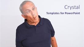  Presentation with grey black white - Cool new slide set with senior grey-haired man wearing black casual polo standing over isolated white background making fish face with lips crazy and comical gesture funny expression backdrop and a sky blue colored foreground