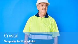  Presentation with senior worker - Colorful PPT layouts enhanced with senior-grey-haired-man-wearing backdrop and a teal colored foreground