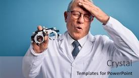  Presentation with optic - Audience pleasing PPT theme consisting of senior-grey-haired-optic-doctor backdrop and a light blue colored foreground