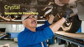  Presentation with service technician - PPT theme with senior grey-haired technician of repair service with worktool fixing details of car while repairing it background and a tawny brown colored foreground