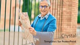  Presentation with city map - Cool new PPT layouts with senior-grey-haired-tourist-man backdrop and a coral colored foreground