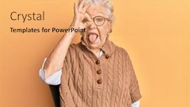  Presentation with tongue - Slide set enhanced with senior-grey-haired-woman-doing background and a yellow colored foreground