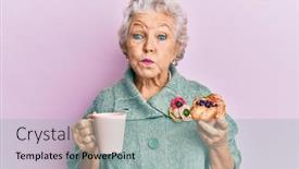  Presentation with coffee cup - Colorful PPT theme enhanced with senior-grey-haired-woman-drinking backdrop and a light gray colored foreground