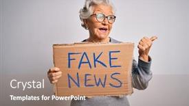  Presentation with fake news - Slide set having senior-grey-haired-woman-holding background and a coral colored foreground