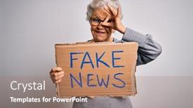  Presentation with fake news - Slide deck with senior-grey-haired-woman-holding background and a coral colored foreground