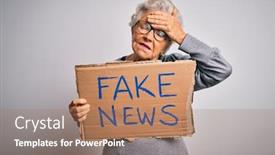  Presentation with fake news - Audience pleasing presentation theme consisting of senior-grey-haired-woman-holding backdrop and a coral colored foreground