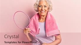  Presentation with badminton - Presentation theme featuring senior-grey-haired-woman-holding background and a coral colored foreground