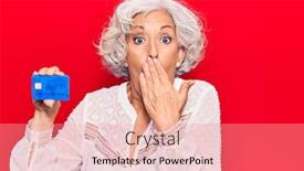  Presentation with credit card - Presentation theme enhanced with senior-grey-haired-woman-holding background and a coral colored foreground