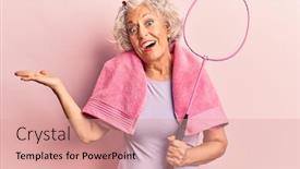  Presentation with badminton - PPT theme having senior-grey-haired-woman-holding background and a coral colored foreground