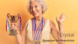  Presentation with champion - Slide set with senior-grey-haired-woman-holding background and a yellow colored foreground