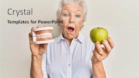  Presentation with denture - PPT theme with senior-grey-haired-woman-holding background and a lemonade colored foreground