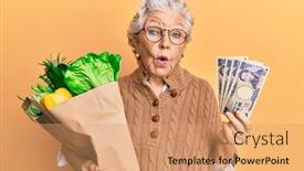  Presentation with grey - Theme having senior-grey-haired-woman-holding background and a coral colored foreground
