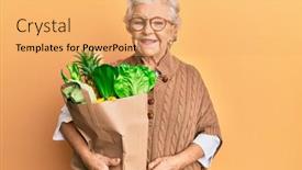  Presentation with paper bag - Amazing slide deck having senior-grey-haired-woman-holding backdrop and a yellow colored foreground