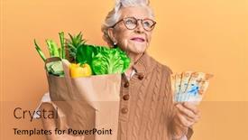  Presentation with grey - Amazing slide deck having senior-grey-haired-woman-holding backdrop and a coral colored foreground