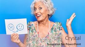  Presentation with achievement - Colorful slides enhanced with senior-grey-haired-woman-holding backdrop and a lemonade colored foreground