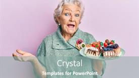  Presentation with achievement - Audience pleasing presentation design consisting of senior-grey-haired-woman-holding backdrop and a gray colored foreground