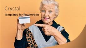  Presentation with credit card - Beautiful PPT layouts featuring senior-grey-haired-woman-holding backdrop and a yellow colored foreground