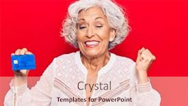 Presentation with credit card - Audience pleasing PPT theme consisting of senior-grey-haired-woman-holding backdrop and a lemonade colored foreground