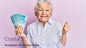  Presentation with grey - PPT theme consisting of senior-grey-haired-woman-holding background and a sky blue colored foreground