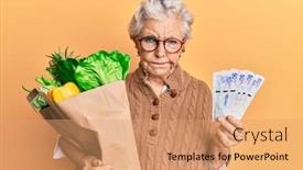  Presentation with grey - Beautiful presentation theme featuring senior-grey-haired-woman-holding backdrop and a coral colored foreground