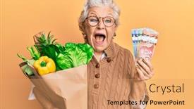 Presentation with grey - Colorful slides enhanced with senior-grey-haired-woman-holding backdrop and a coral colored foreground