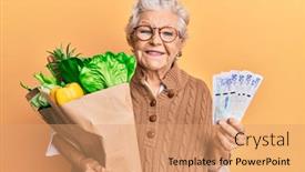  Presentation with grey - Cool new PPT theme with senior-grey-haired-woman-holding backdrop and a coral colored foreground