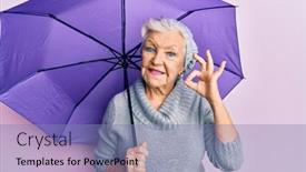  Presentation with purple - Slide set enhanced with senior-grey-haired-woman-holding background and a light blue colored foreground