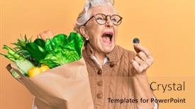  Presentation with grey - Amazing PPT theme having senior-grey-haired-woman-holding backdrop and a coral colored foreground